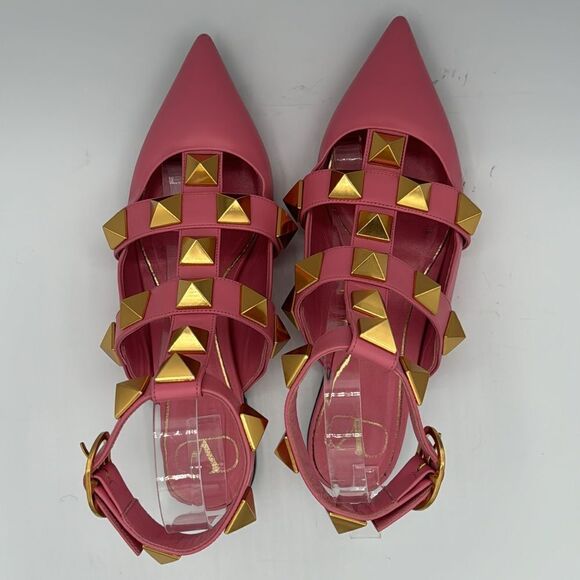 Valentino Roman Stud Leather Ankle Strap Flat Pink IT 37/ US 7 - Picture 6 of 14